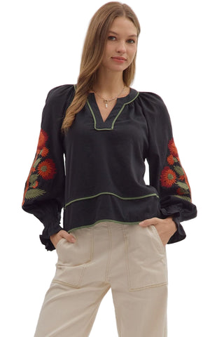Solid Long Puff Sleeve Top in Black