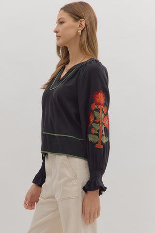 Solid Long Puff Sleeve Top in Black