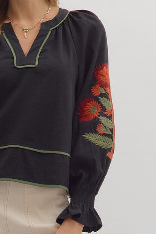 Solid Long Puff Sleeve Top in Black