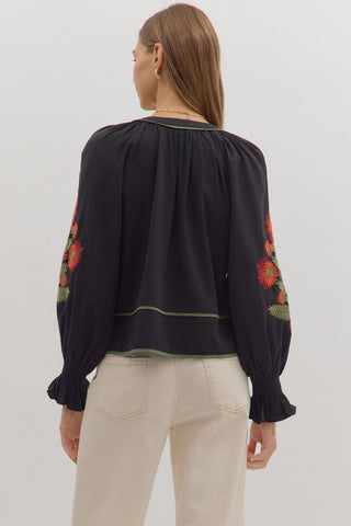 Solid Long Puff Sleeve Top in Black