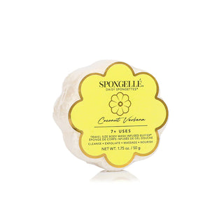 A Spongellé brand Coconut Verbena Daisy Spongette, which is a floral-shaped buffer with a white and yellow color scheme and product information printed on it.