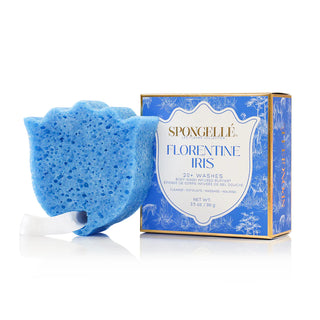 Blue sponge with packaging labeled 'Spongellé Florentine Iris' on a white background