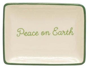 Stoneware Dish w/ Holiday Words & Red/Green Rim Assorted peace on earth cream