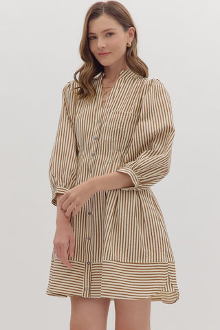 Striped 3/4 Puff Sleeve Mini Dress in Brown
