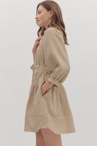 Striped 3/4 Puff Sleeve Mini Dress in Brown