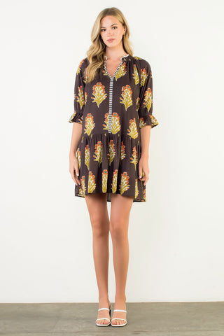 THML Floral Detailed V-Neck Dress in Chocolate brown khaki teal coral black and white stripe trim 3/4 length sleeve