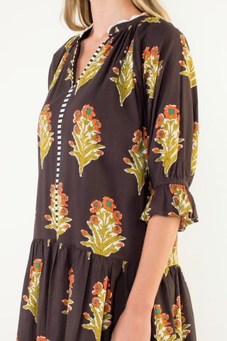 THML Floral Detailed V-Neck Dress in Chocolate brown khaki teal coral black and white stripe trim 3/4 length sleeve