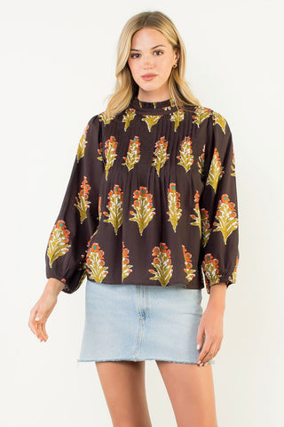 THML Long Sleeve Floral Detail Top in Chocolate