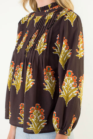 THML Long Sleeve Floral Detail Top in Chocolate