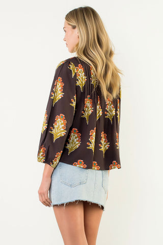 THML Long Sleeve Floral Detail Top in Chocolate