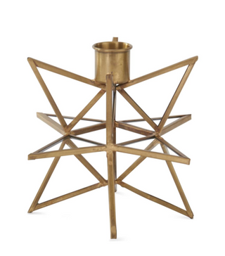 Three-Dimensional Gold Metal & Glass Star Taper Candleholder 6"W