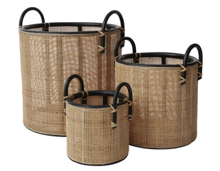A set of three Townes baskets, varying in size, made of natural fibers with black handles.