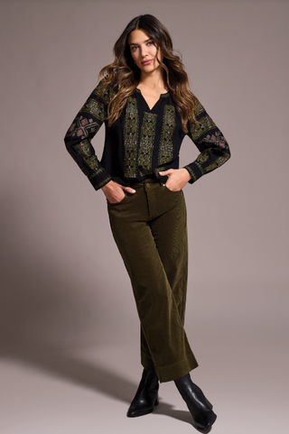 Tribal Long Sleeve Blouse with Embroidery in Black intricate embroidery pink flowers