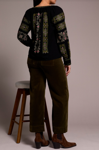 Tribal Long Sleeve Blouse with Embroidery in Black pink flowers intricate