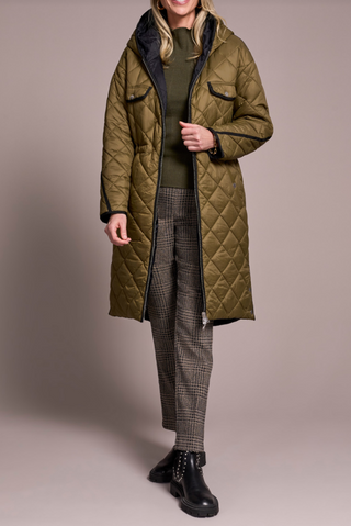 Tribal Long Sleeve Zip Front Reversible Puffer Jacket with Hood in Ivy brownish green black