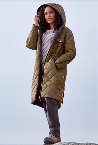 Tribal Long Sleeve Zip Front Reversible Puffer Jacket with Hood in Ivy brownish green black