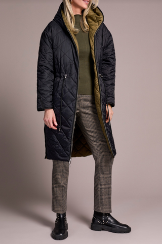 Tribal Long Sleeve Zip Front Reversible Puffer Jacket with Hood in Ivy brownish green black