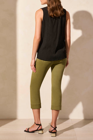 A sleeveless black blouse with a button placket down the front, made of rayon and polyester blend fabric.