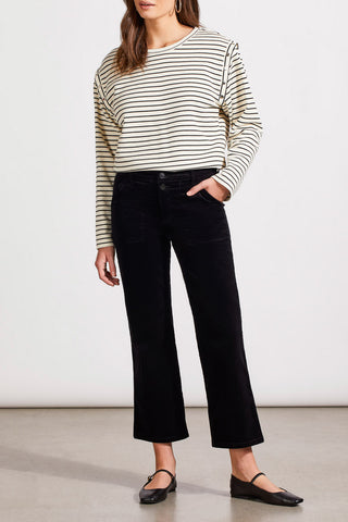 A model wearing Tribal Stretch Corduroy Straight Leg Pants in Black with a striped crop top.