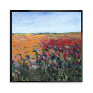 A framed artwork featuring a vibrant field of red and orange flowers with a clear blue sky in the background, and green foliage on the sides.