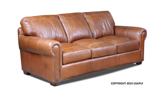 A brown leather sofa with rolled arms, nailhead trim, and a traditional design.