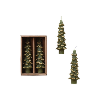 Unscented Tree Shaped Taper Candles with Gold Tips, Set of 2 green Christmas tree
