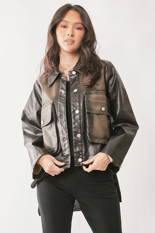 Davi & Dani Washed Black Faux Leather Jacket
