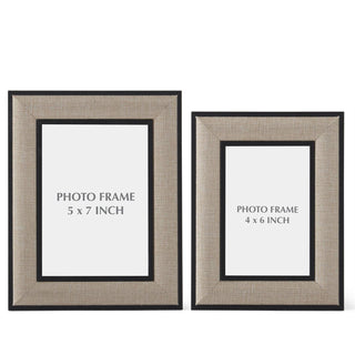 Two photo frames with text indicating size on a white background. Wood & Linen Photo Frame Assorted