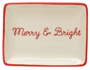 Stoneware Dish w/ Holiday Words & Red/Green Rim Assorted