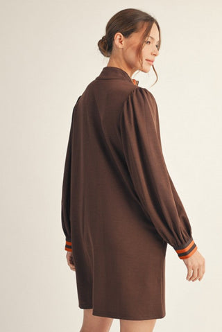 Zip Up Casual Dress with Stripe Contrast Detail in Brown