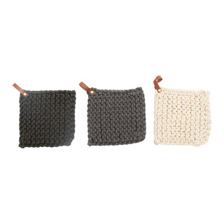 Cotton Crocheted Pot Holder with Leather Loop Assorted