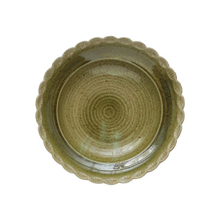 Green Stoneware Bowl with Scalloped Edge