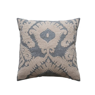 Square Cotton Slub Tufted Pillow with Damask Pattern