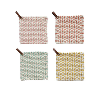 Cotton Crocheted Pot Holder with Leather Loops, 4 Styles