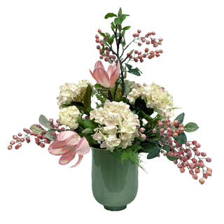 Pink & White Hydrangea Arrangement in Sage Green Pot