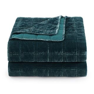 Stella Faux Silk Velvet Double Box Stitch King Quilt Set in Storm Blue