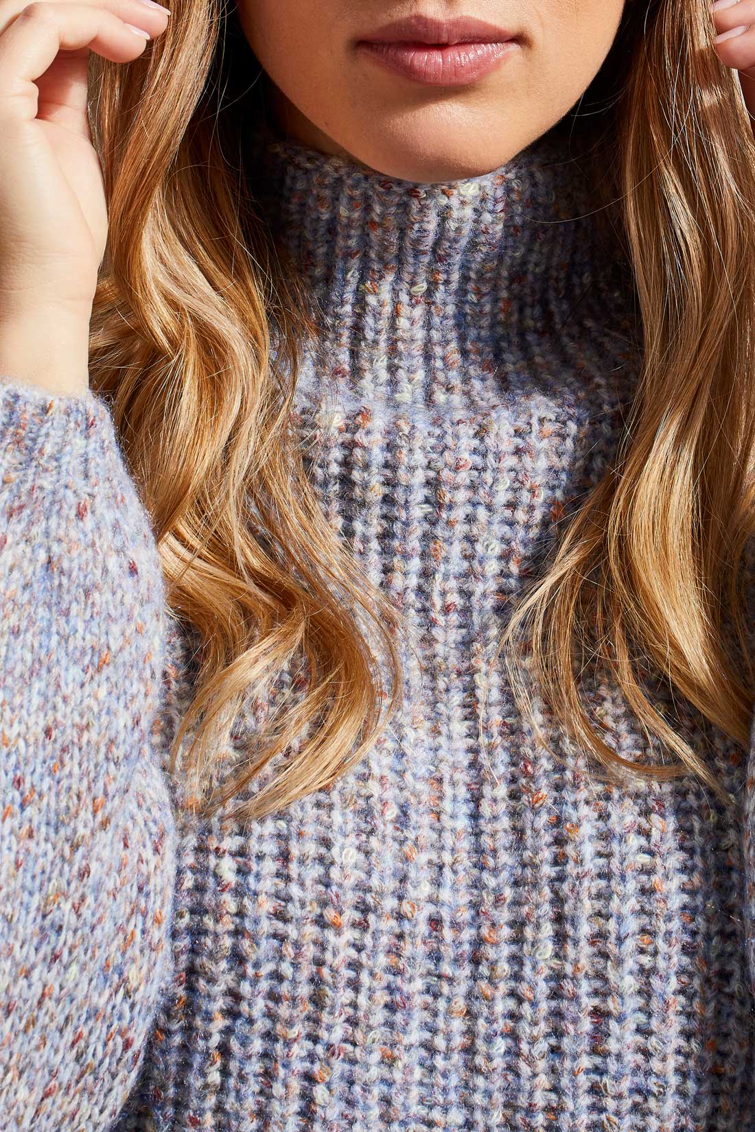 Tribal Blue Quilt Oversized High Funnel Neck Sweater House to Home