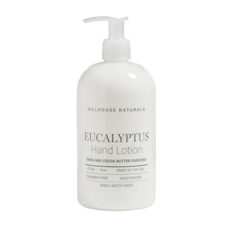 A white pump bottle labeled Hillhouse Naturals Eucalyptus Hand Lotion enriched with shea and cocoa butter