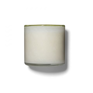 A Feu d Bois white candle in a clear glass jar with a green rim, against a white background.