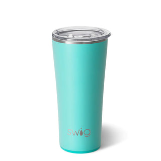 A blue stainless steel SWIG tumbler with a clear lid and a silicone base.