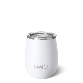 A white stainless steel SWIG wine cup with a removable lid, featuring the brand name 'SWIG' on the front.