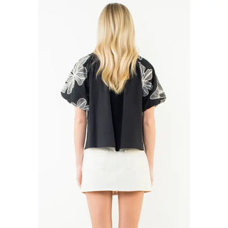 Black Puff Sleeve Floral Embroidery Detail Top