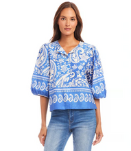Load image into Gallery viewer, Karen Kane Puff Sleeve Button-Front Shirt, Blue Floral Paisley
