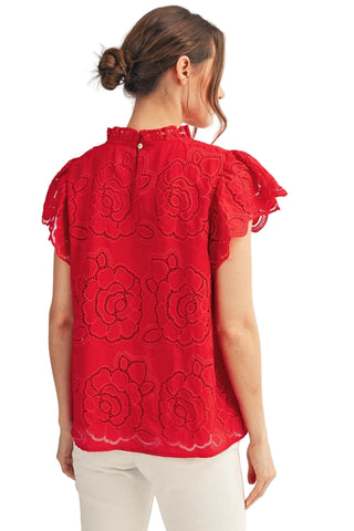 Flutter Sleeves Floral Eyelet Top in Red