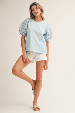 Lace Accent Puff Sleeves Solid Top in Light Blue