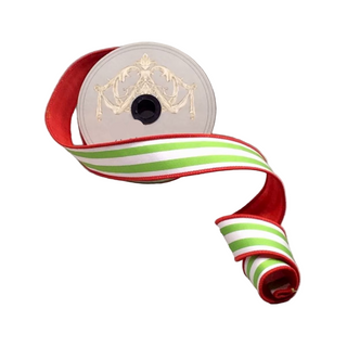 1.5" Green & White Canvas Stripe with Red Dupion Back Ribbon - Sold by the Foot 