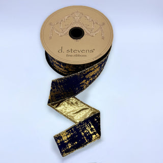 1.5" Navy Suede Velvet Burnished Metallic Gold Ribbon - SOLD BY THE FOOT