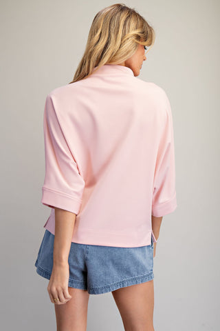 Solid Mock Neck Half Sleeve Top in Rose Pink