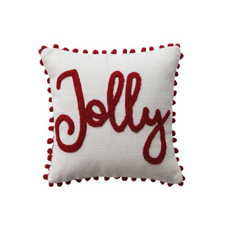 12" Square Slub Pillow with Pom Pom Trim & Tufted "Jolly" in White & Red