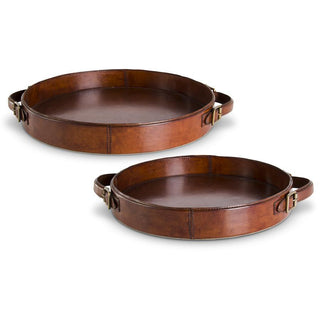 Round Tan Leather Tray with Brass Buckle Accent Handle Assorted